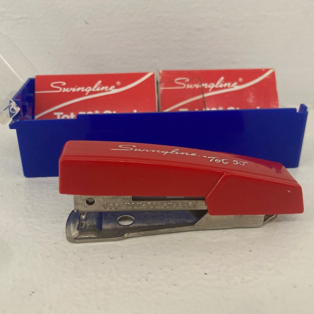 Vintage Swingline Tot 50 Red Mini Stapler Blue Case Staples Set Office Supplies